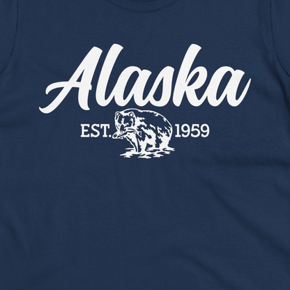 Alaska Bear Est 1959 Vintage Wildlife Graphic Monochrome Shirt — Ladies Tee Ladies T-Shirt – Alaska Cruise Shirts Close Up
