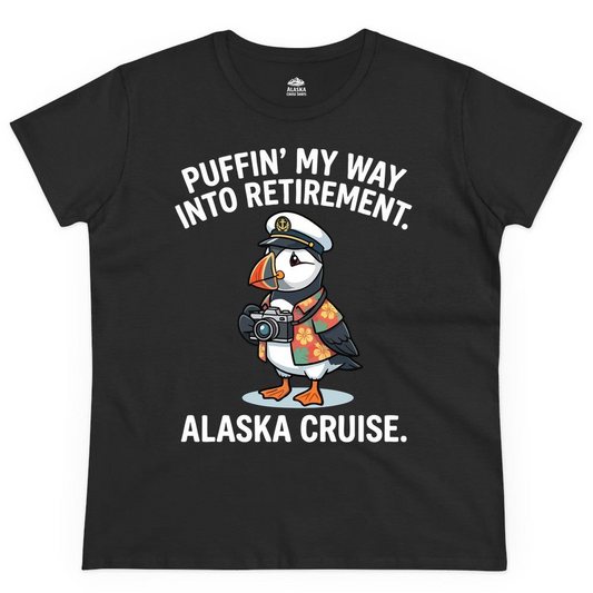 Puffin Cartoon Retirement Alaska Cruise Shirt Ladies T-Shirt – Alaska Cruise Shirts Close Up