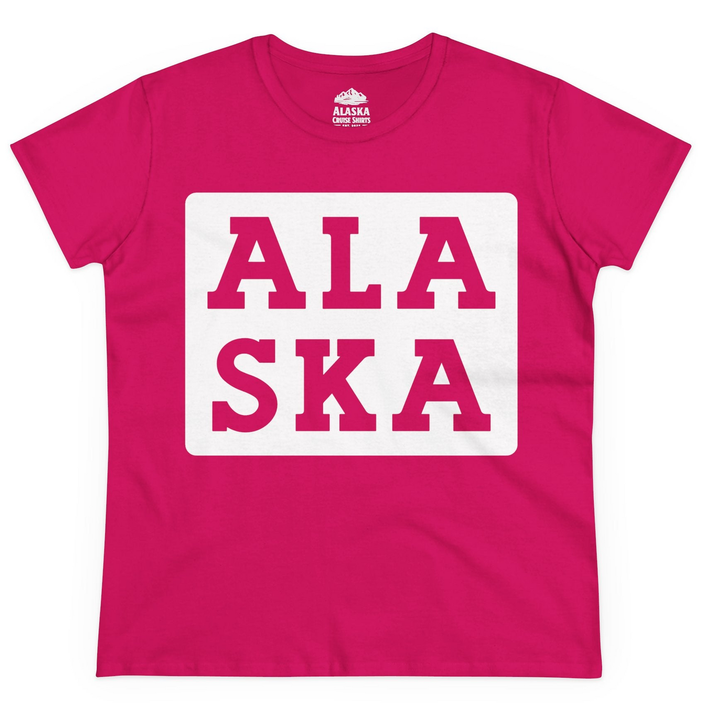Bold Alaska Block Text Shirt Ladies T-Shirt – Heliconia – Alaska Cruise Shirts