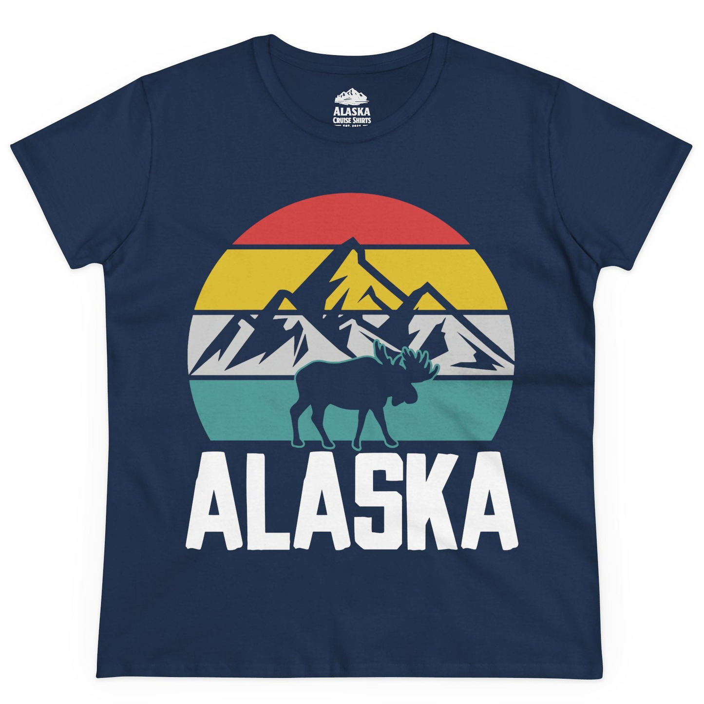 Retro Alaska Moose Silhouette Shirt Ladies T-Shirt – Navy – Alaska Cruise Shirts