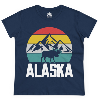 Retro Alaska Moose Silhouette Shirt Ladies T-Shirt – Navy – Alaska Cruise Shirts