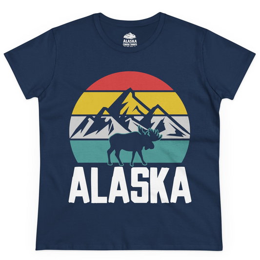 Retro Alaska Moose Silhouette Shirt Ladies T-Shirt – Navy – Alaska Cruise Shirts