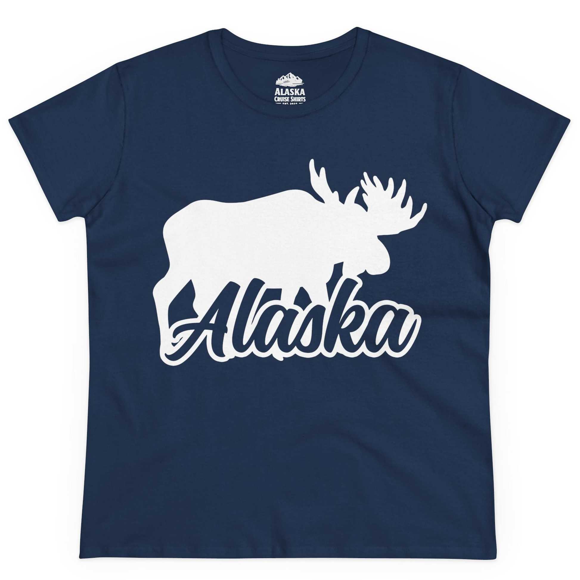 Alaska Moose Wildlife Silhouette Shirt Ladies T-Shirt – Navy – Alaska Cruise Shirts
