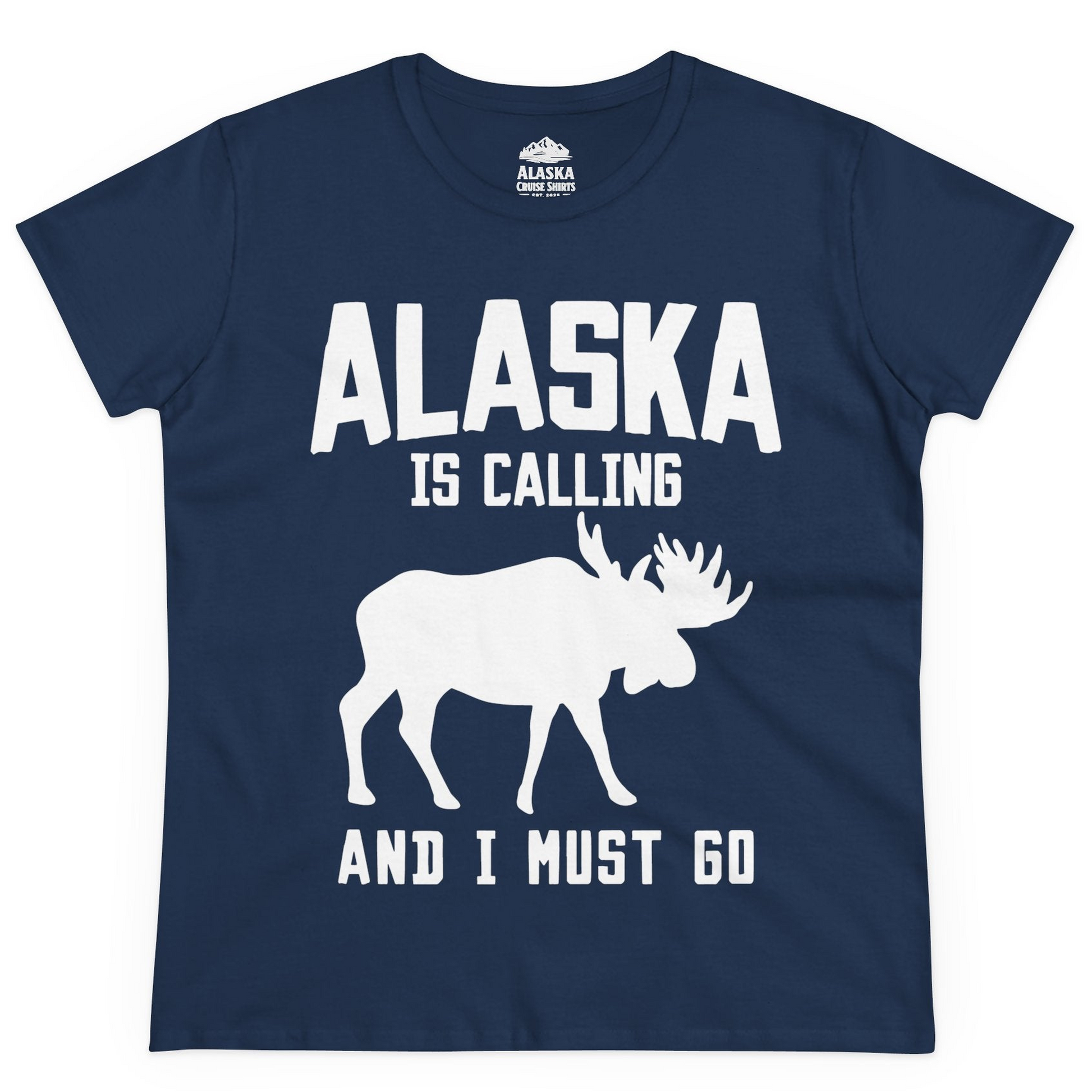 Alaska Is Calling Moose Silhouette Shirt Ladies T-Shirt – Navy – Alaska Cruise Shirts