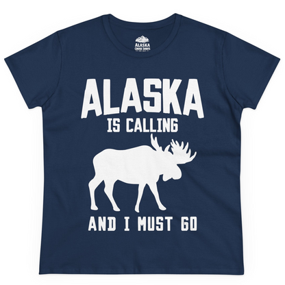Alaska Is Calling Moose Silhouette Shirt Ladies T-Shirt – Navy – Alaska Cruise Shirts