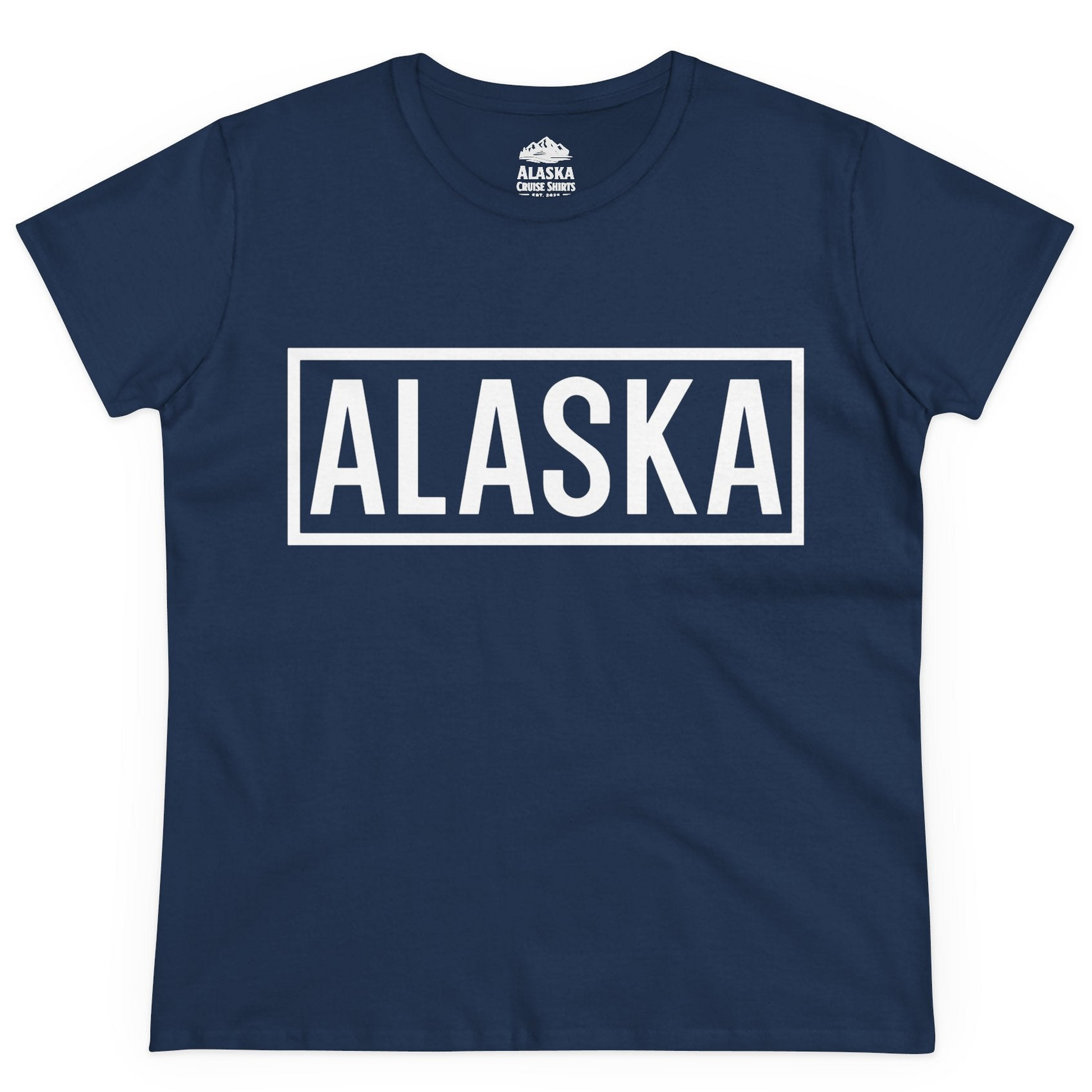 Alaska Bold Text Minimalist Monochrome Graphic Shirt for Travelers — Ladies Tee Ladies T-Shirt – Navy – Alaska Cruise Shirts