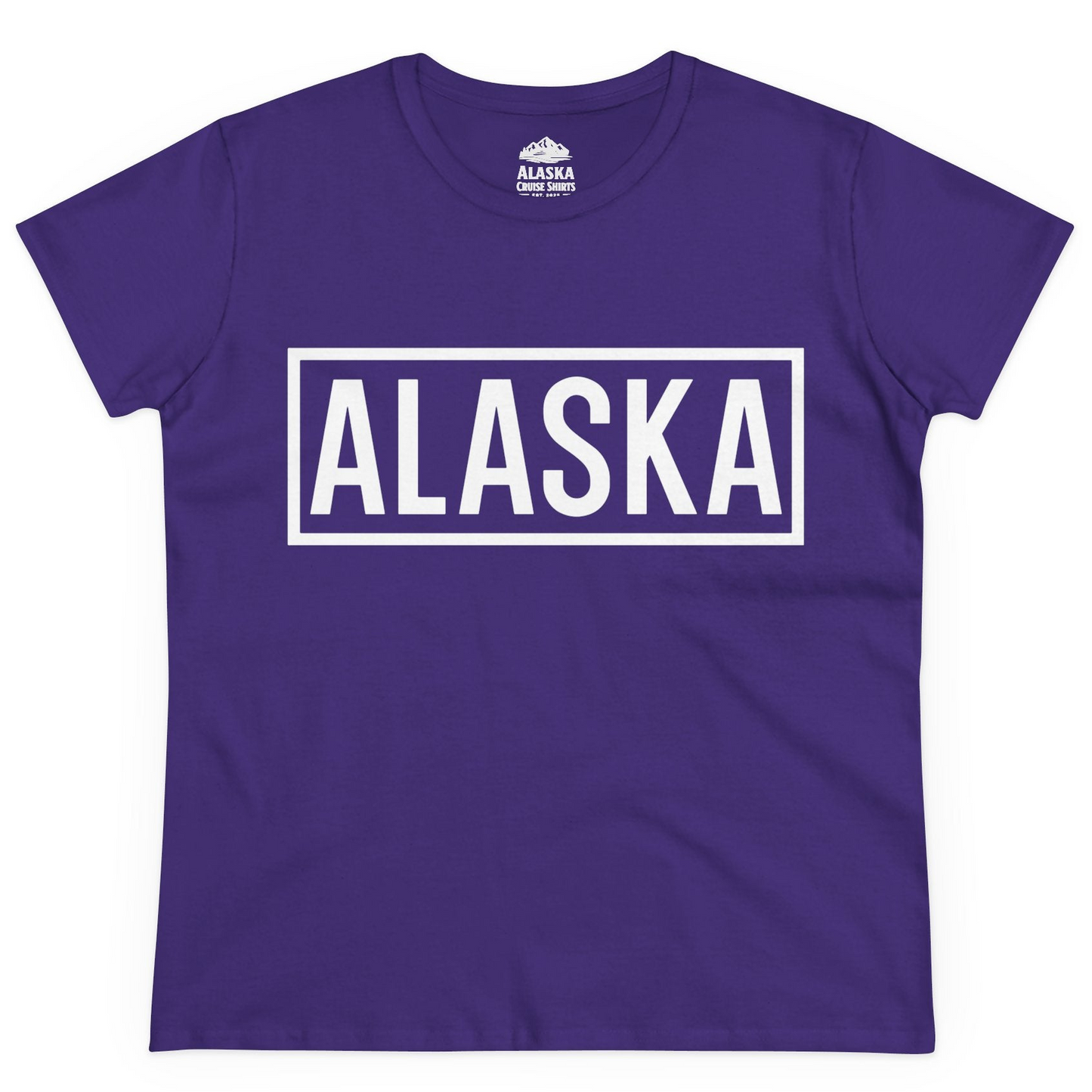 Alaska Bold Text Minimalist Monochrome Graphic Shirt for Travelers — Ladies Tee Ladies T-Shirt – Purple – Alaska Cruise Shirts
