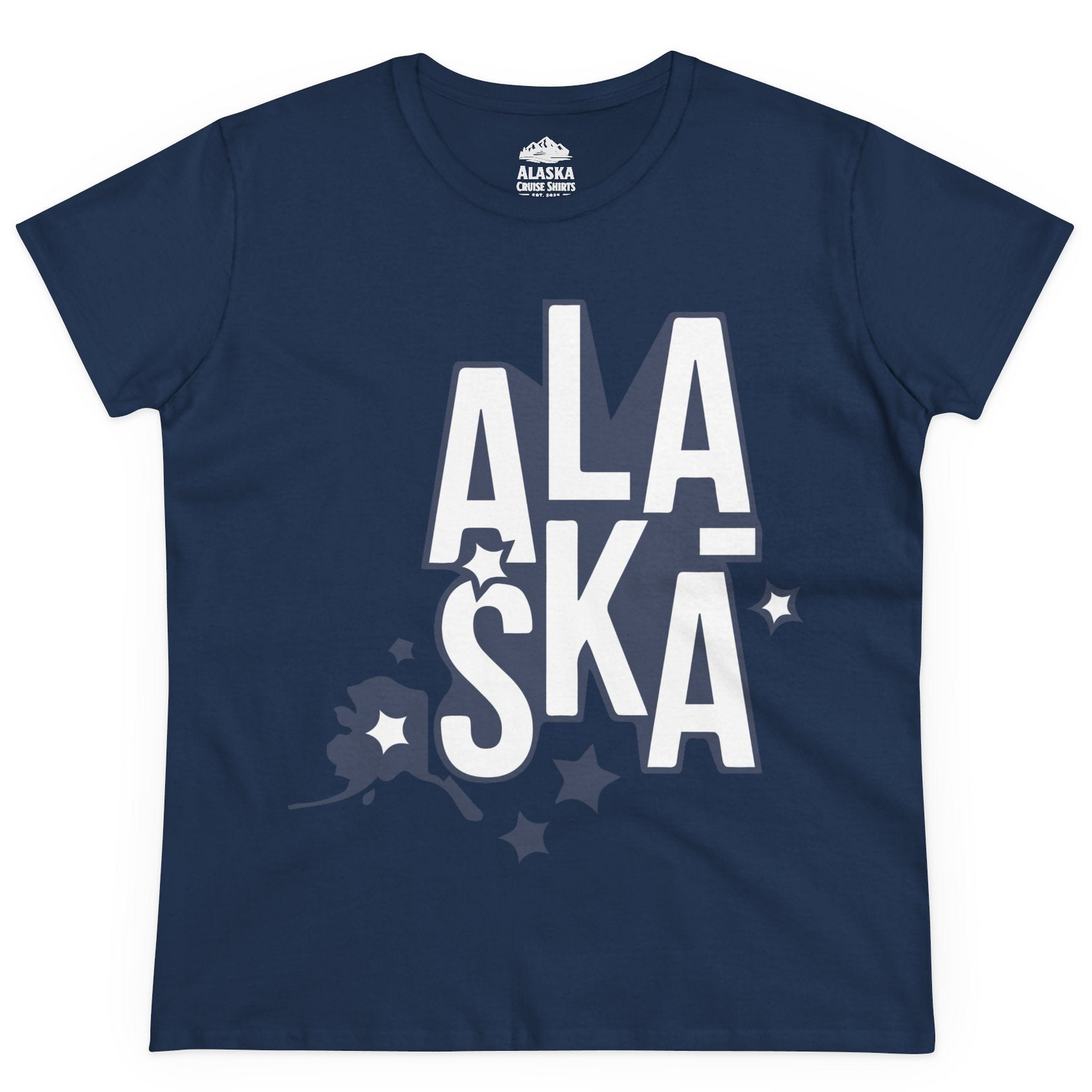 Alaska Stars Bold Typography Shirt Ladies T-Shirt – Navy – Alaska Cruise Shirts