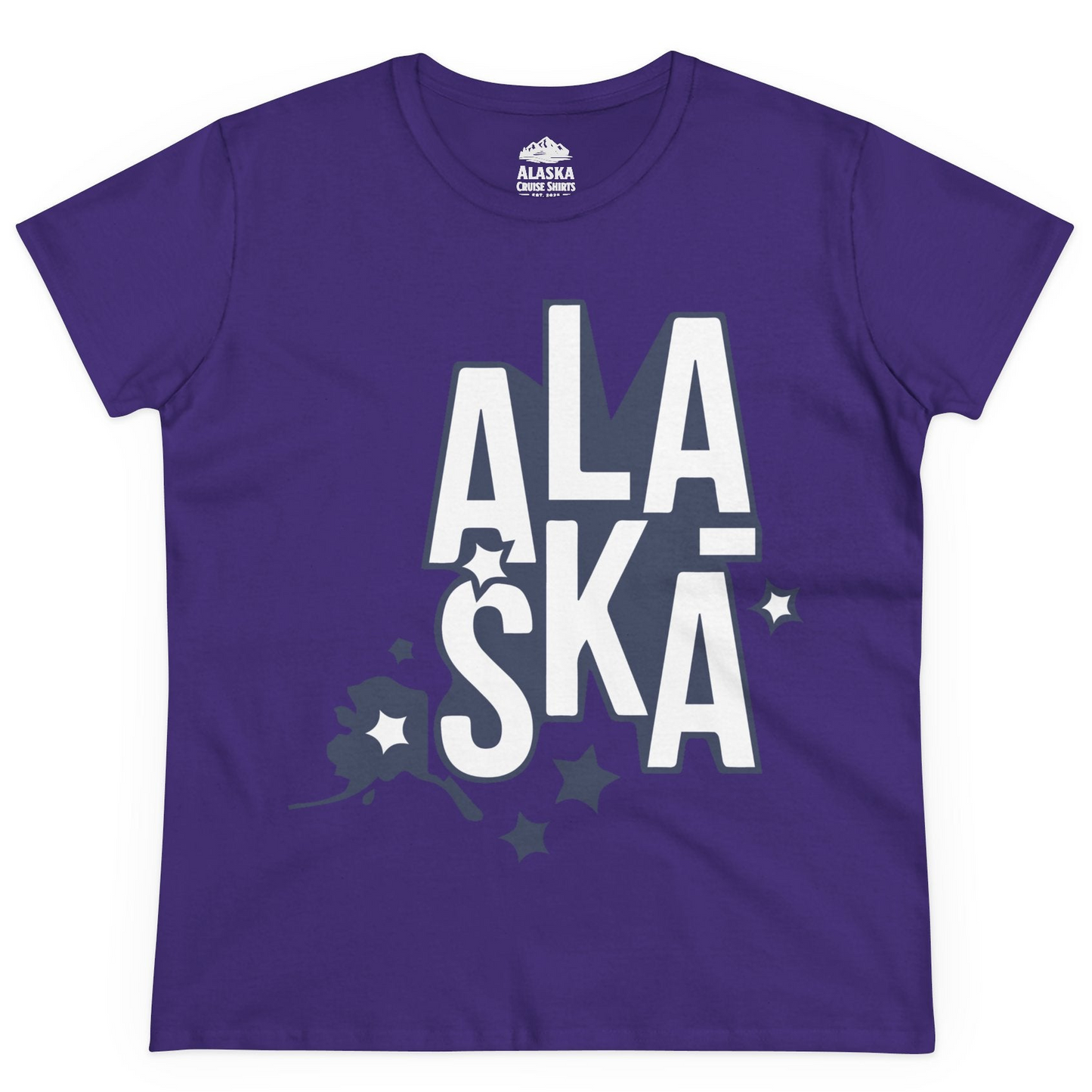 Alaska Stars Bold Typography Shirt Ladies T-Shirt – Purple – Alaska Cruise Shirts