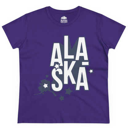 Alaska Stars Bold Typography Shirt Ladies T-Shirt – Purple – Alaska Cruise Shirts