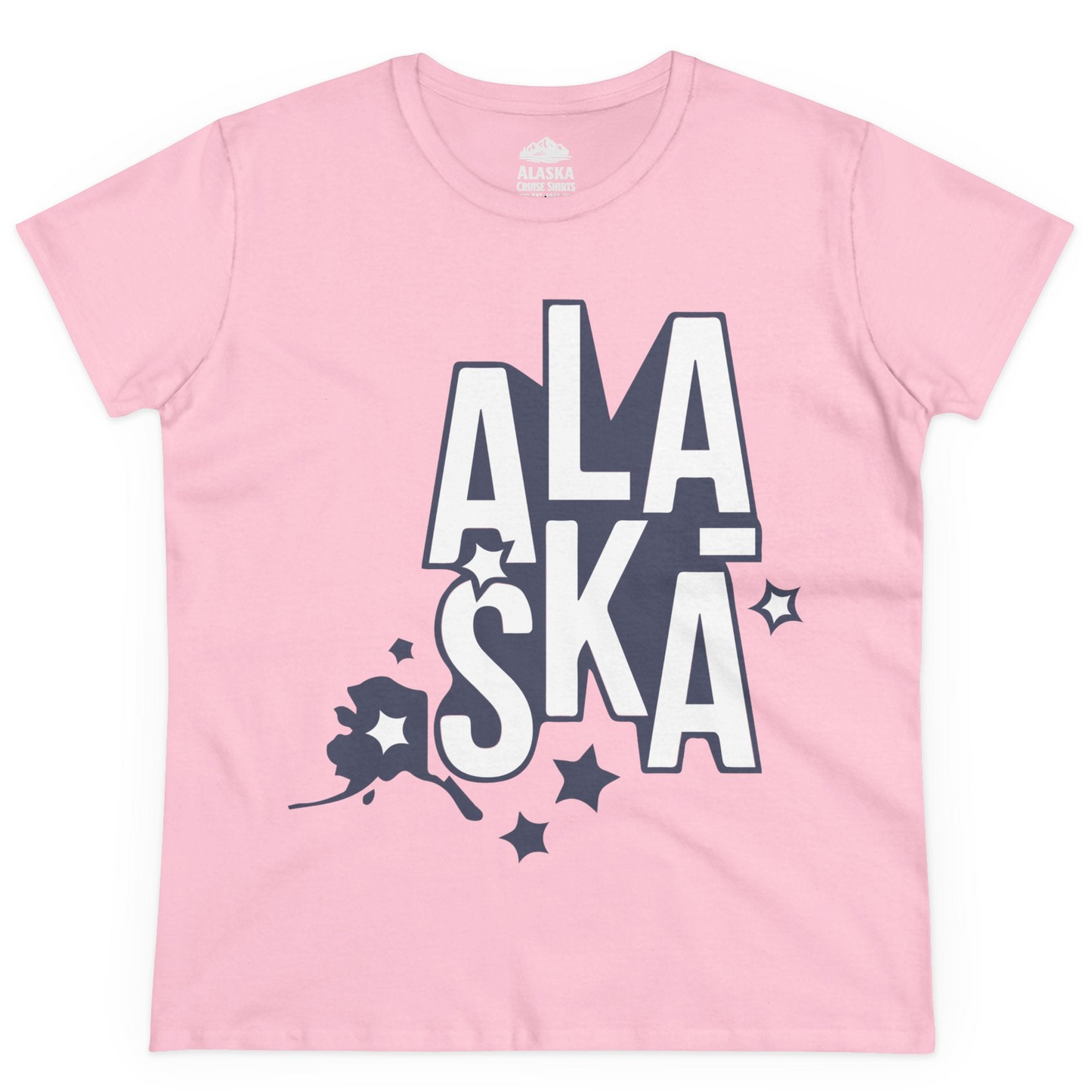 Alaska Stars Bold Typography Shirt Ladies T-Shirt – Light Pink – Alaska Cruise Shirts