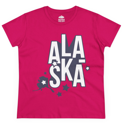 Alaska Stars Bold Typography Shirt Ladies T-Shirt – Heliconia – Alaska Cruise Shirts