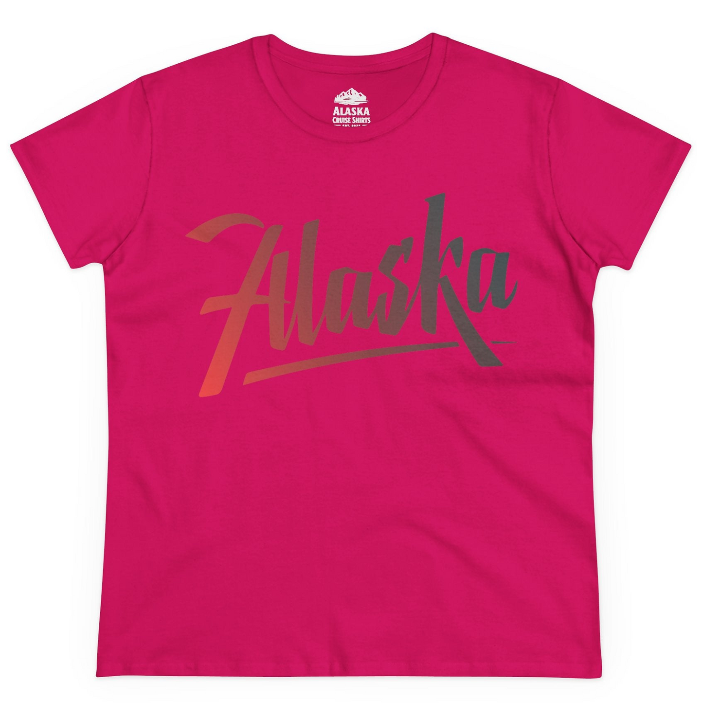 Alaska Script Wordmark Shirt Ladies T-Shirt – Heliconia – Alaska Cruise Shirts