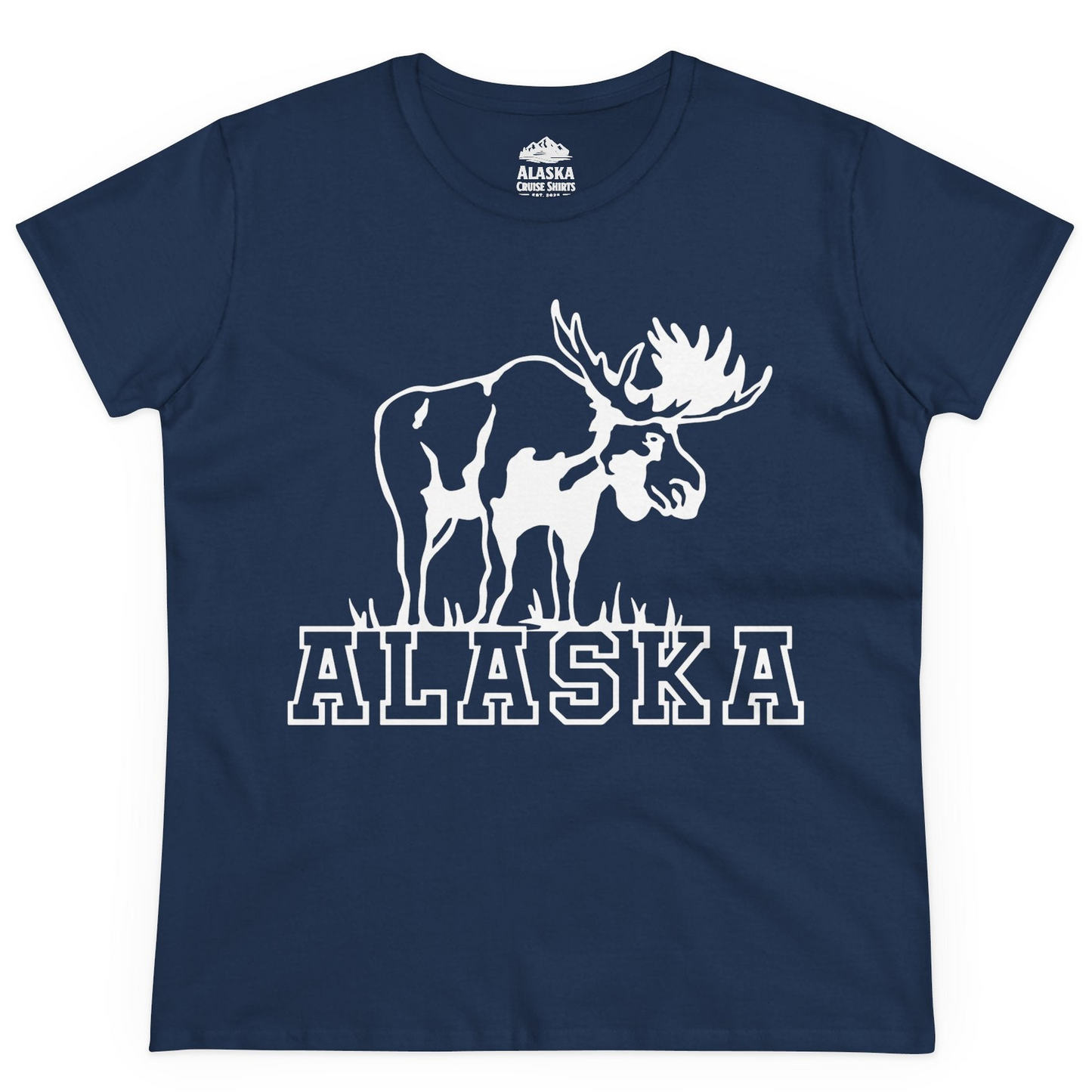 Alaska Moose Silhouette Shirt Ladies T-Shirt – Navy – Alaska Cruise Shirts