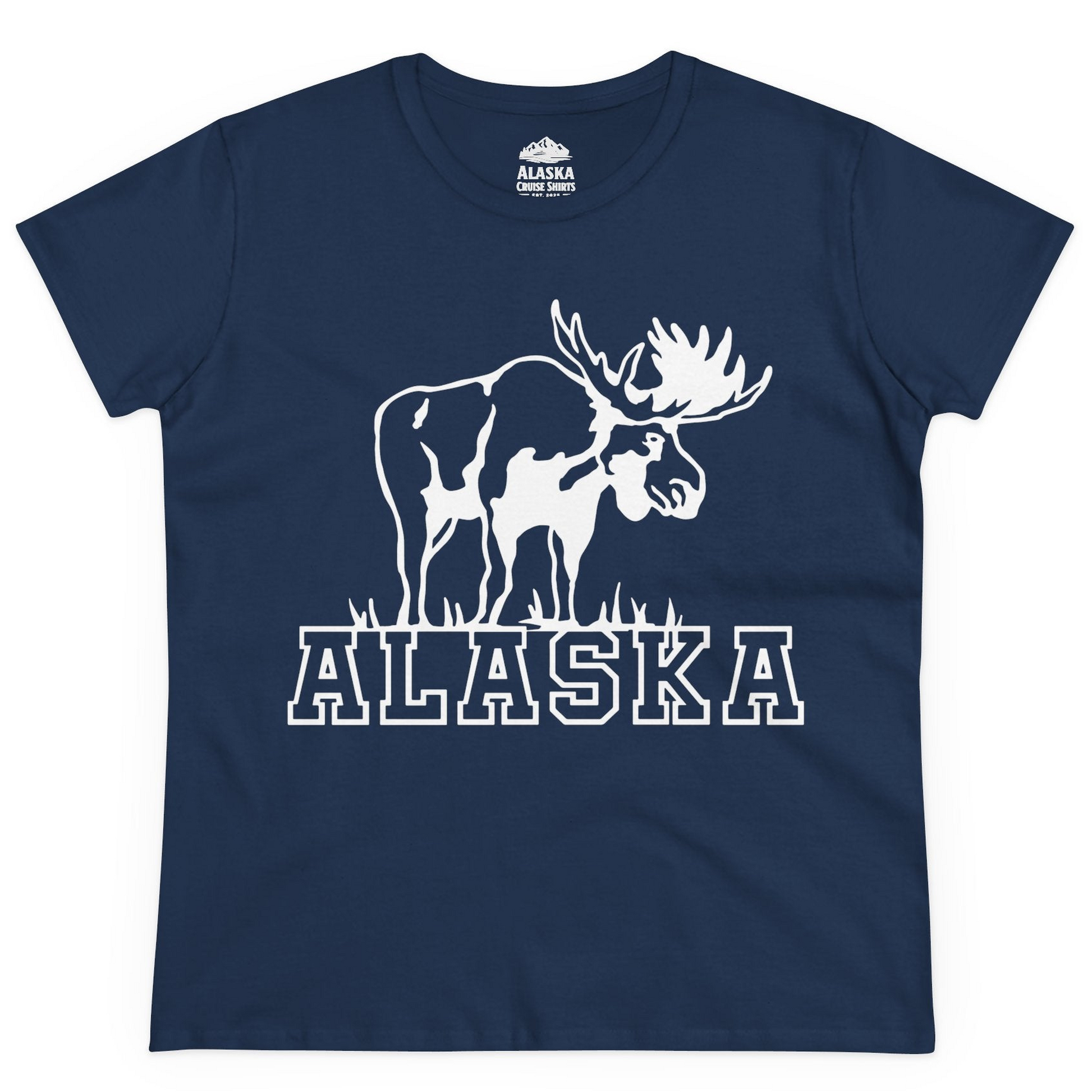 Alaska Moose Silhouette Shirt Ladies T-Shirt – Navy – Alaska Cruise Shirts
