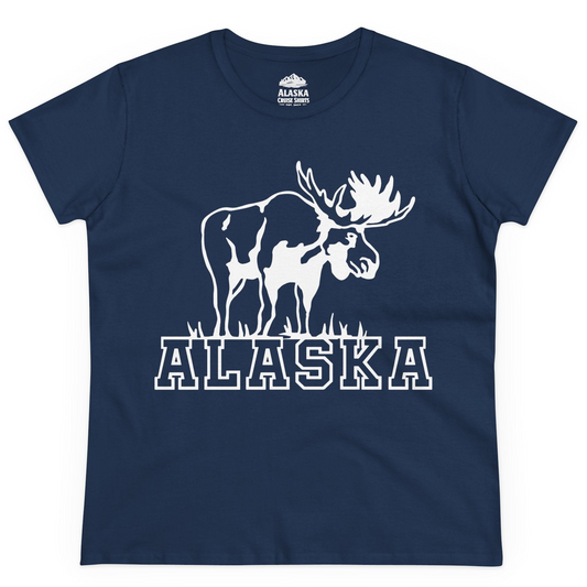 Alaska Moose Silhouette Shirt Ladies T-Shirt – Navy – Alaska Cruise Shirts