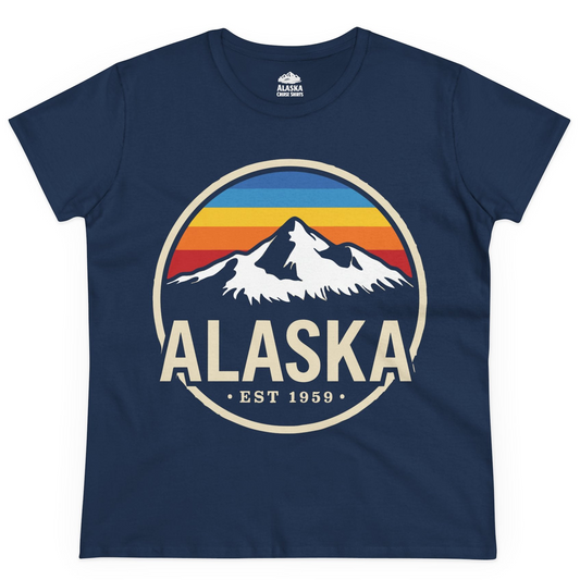 Alaska Vintage Mountain Sunset Shirt Ladies T-Shirt – Navy – Alaska Cruise Shirts