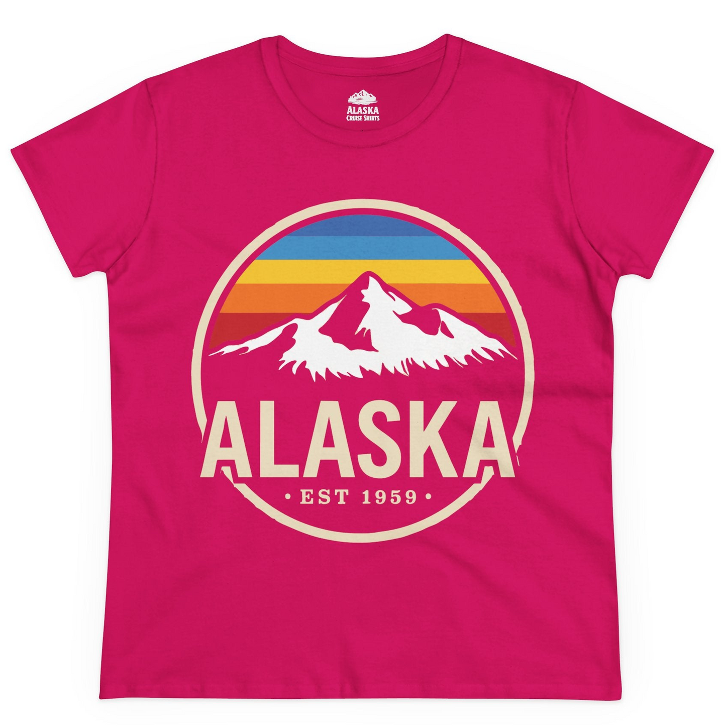 Alaska Vintage Mountain Sunset Shirt Ladies T-Shirt – Heliconia – Alaska Cruise Shirts