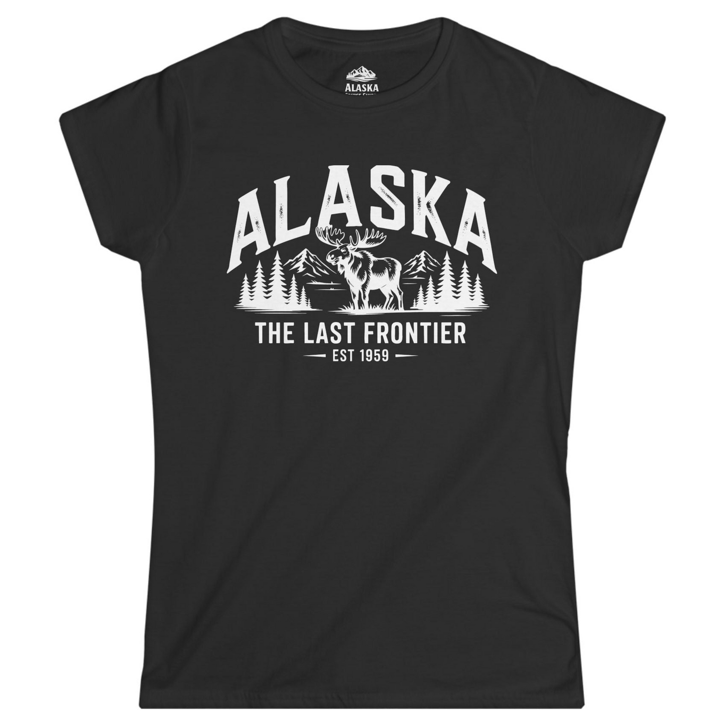 Alaska The Last Frontier Moose Mountain Wilderness Graphic Shirt — Ladies Tee Ladies T-Shirt – Black – Alaska Cruise Shirts
