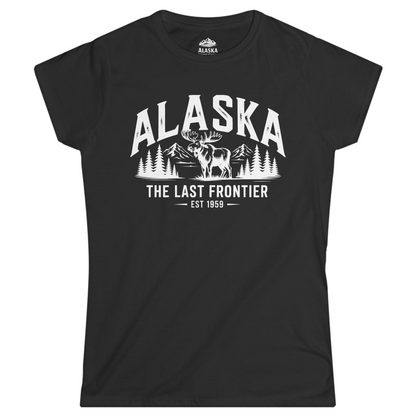 Alaska The Last Frontier Moose Mountain Wilderness Graphic Shirt — Ladies Tee Ladies T-Shirt – Black – Alaska Cruise Shirts
