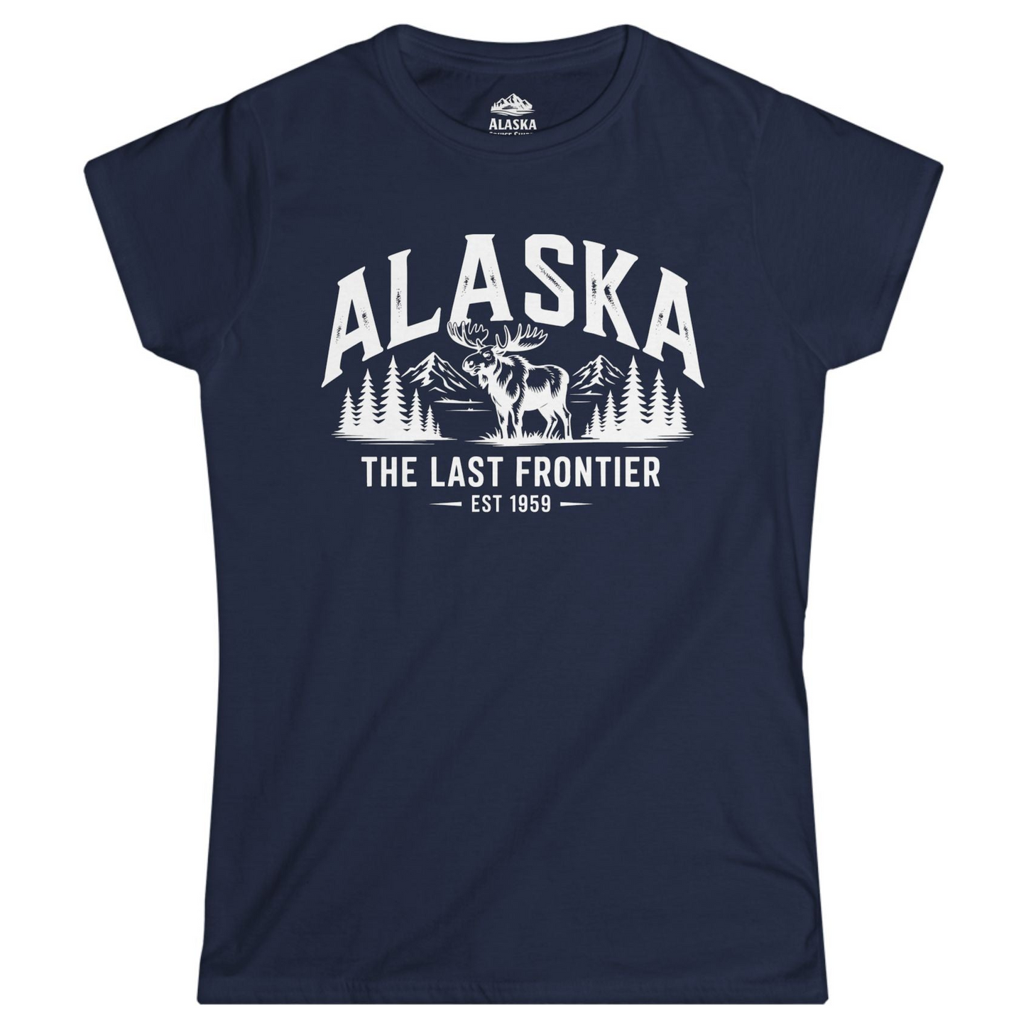 Alaska The Last Frontier Moose Mountain Wilderness Graphic Shirt — Ladies Tee Ladies T-Shirt – Navy – Alaska Cruise Shirts