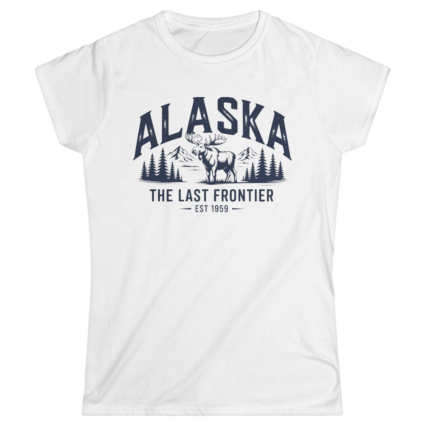 Alaska The Last Frontier Moose Mountain Wilderness Graphic Shirt — Ladies Tee Ladies T-Shirt – White – Alaska Cruise Shirts