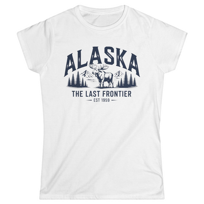 Alaska The Last Frontier Moose Mountain Wilderness Graphic Shirt — Ladies Tee Ladies T-Shirt – White – Alaska Cruise Shirts