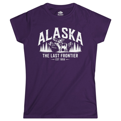 Alaska The Last Frontier Moose Mountain Wilderness Graphic Shirt — Ladies Tee Ladies T-Shirt – Purple – Alaska Cruise Shirts