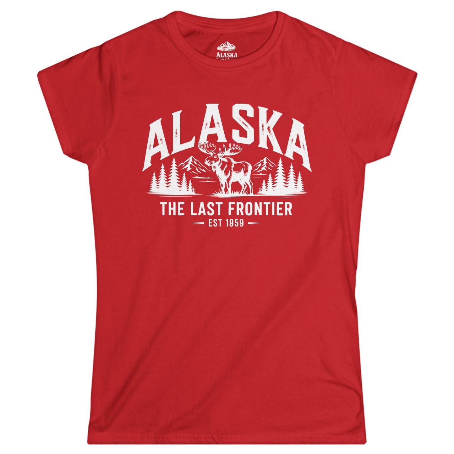 Alaska The Last Frontier Moose Mountain Wilderness Graphic Shirt — Ladies Tee Ladies T-Shirt – Red – Alaska Cruise Shirts