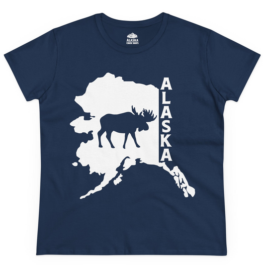 Alaska Moose Silhouette Shirt Ladies T-Shirt – Navy – Alaska Cruise Shirts