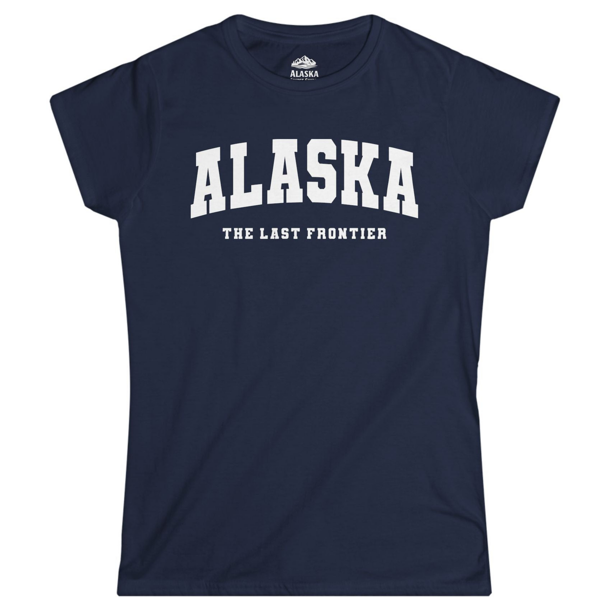 Alaska The Last Frontier Bold Collegiate Vintage State Pride Shirt — Ladies Tee Ladies T-Shirt – Navy – Alaska Cruise Shirts