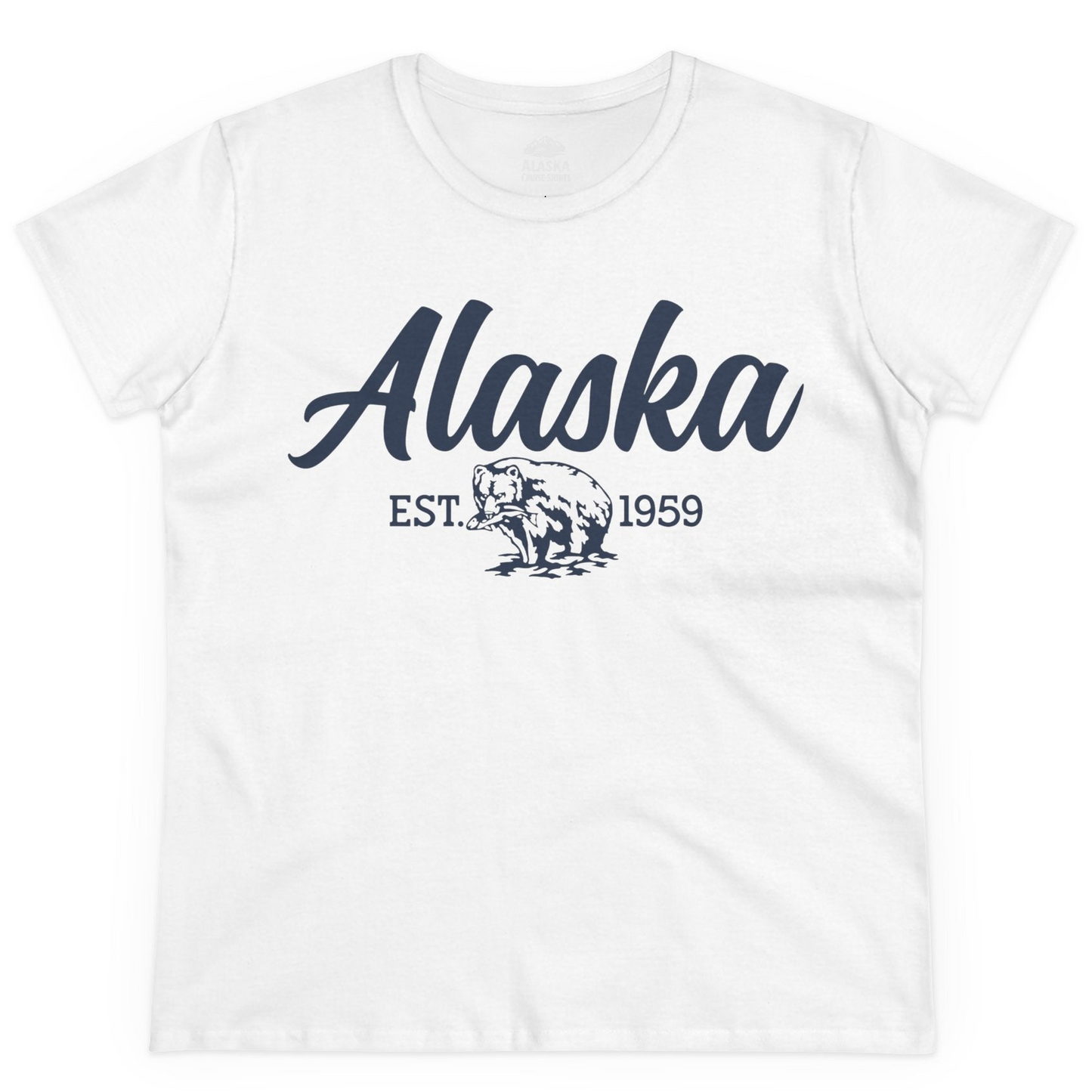 Alaska Bear Est 1959 Vintage Wildlife Graphic Monochrome Shirt — Ladies Tee Ladies T-Shirt – White – Alaska Cruise Shirts