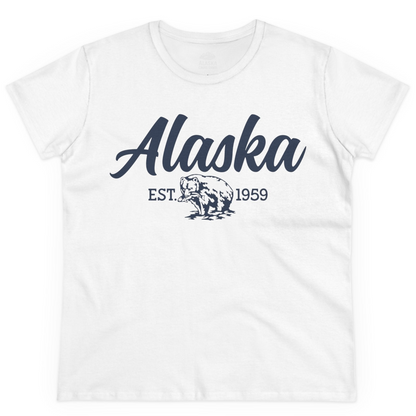 Alaska Bear Est 1959 Vintage Wildlife Graphic Monochrome Shirt — Ladies Tee Ladies T-Shirt – White – Alaska Cruise Shirts