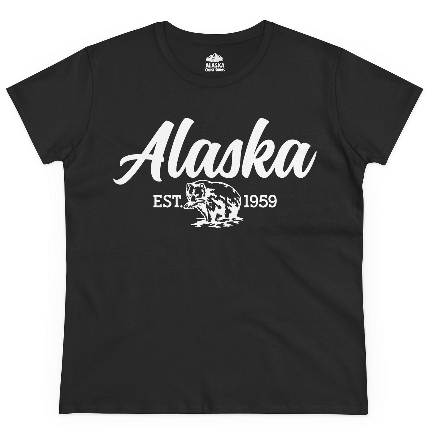 Alaska Bear Est 1959 Vintage Wildlife Graphic Monochrome Shirt — Ladies Tee Ladies T-Shirt – Black – Alaska Cruise Shirts