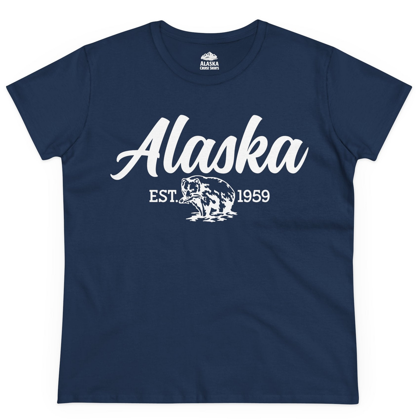 Alaska Bear Est 1959 Vintage Wildlife Graphic Monochrome Shirt — Ladies Tee Ladies T-Shirt – Navy – Alaska Cruise Shirts