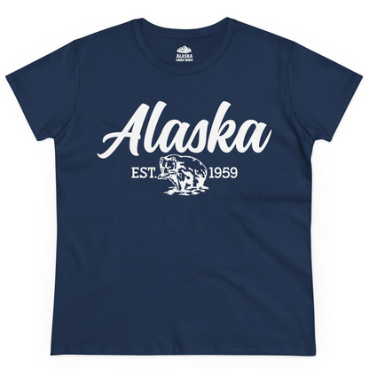Alaska Bear Est 1959 Vintage Wildlife Graphic Monochrome Shirt — Ladies Tee Ladies T-Shirt – Navy – Alaska Cruise Shirts
