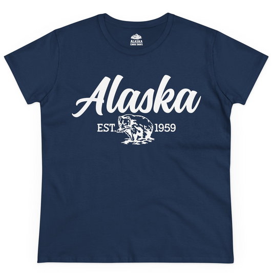 Alaska Bear Est 1959 Vintage Wildlife Graphic Monochrome Shirt — Ladies Tee Ladies T-Shirt – Navy – Alaska Cruise Shirts