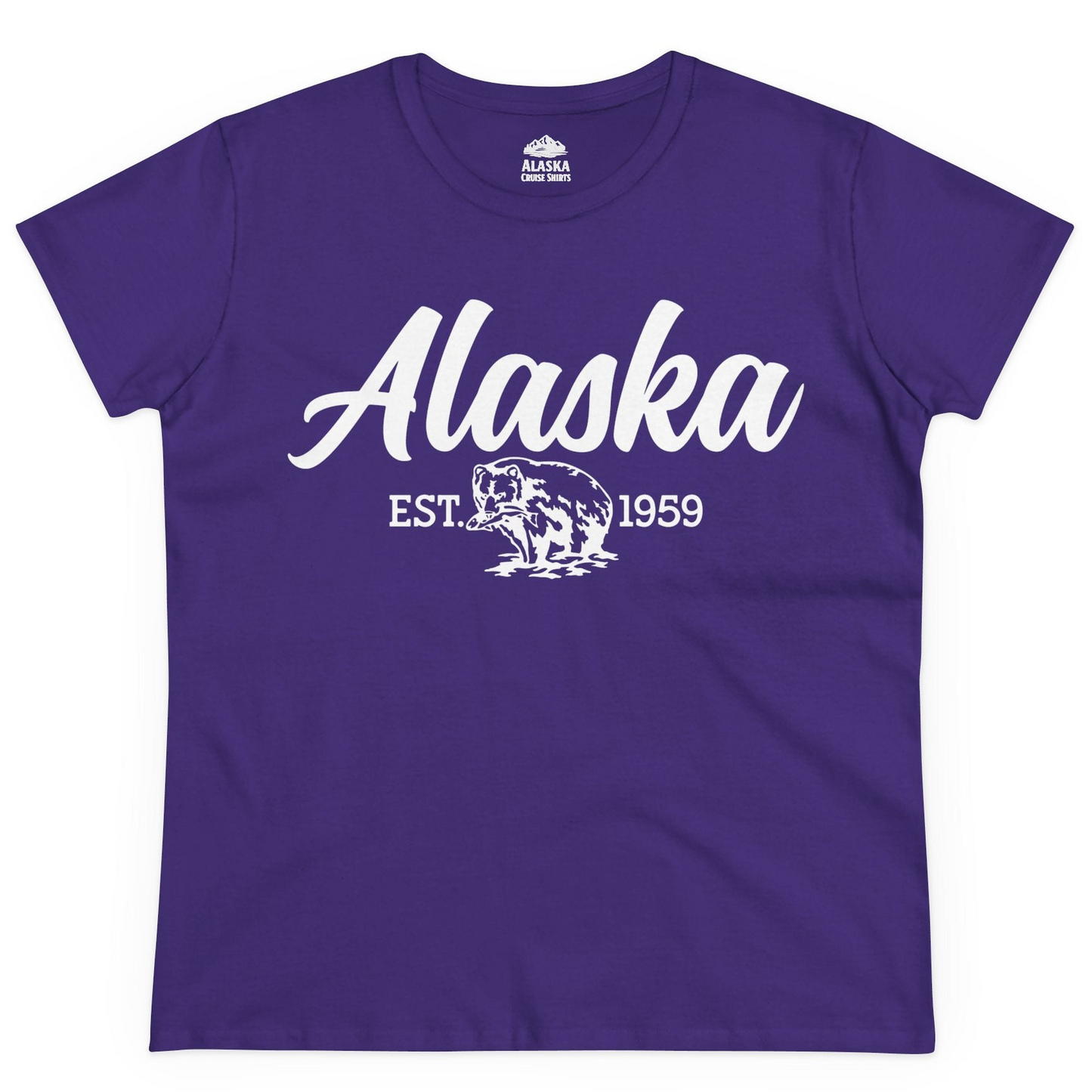 Alaska Bear Est 1959 Vintage Wildlife Graphic Monochrome Shirt — Ladies Tee Ladies T-Shirt – Purple – Alaska Cruise Shirts