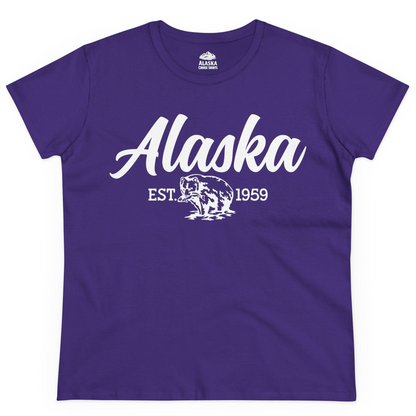 Alaska Bear Est 1959 Vintage Wildlife Graphic Monochrome Shirt — Ladies Tee Ladies T-Shirt – Purple – Alaska Cruise Shirts