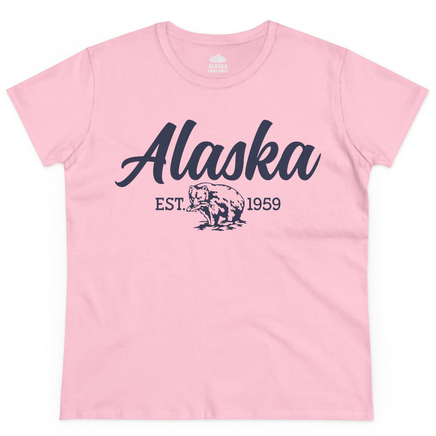 Alaska Bear Est 1959 Vintage Wildlife Graphic Monochrome Shirt — Ladies Tee Ladies T-Shirt – Light Pink – Alaska Cruise Shirts