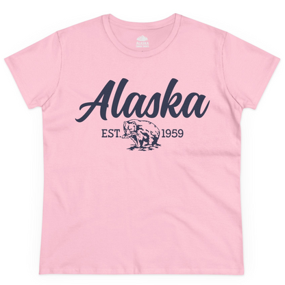 Alaska Bear Est 1959 Vintage Wildlife Graphic Monochrome Shirt — Ladies Tee Ladies T-Shirt – Light Pink – Alaska Cruise Shirts