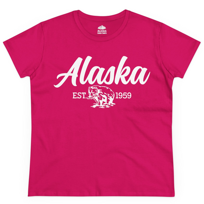 Alaska Bear Est 1959 Vintage Wildlife Graphic Monochrome Shirt — Ladies Tee Ladies T-Shirt – Heliconia – Alaska Cruise Shirts
