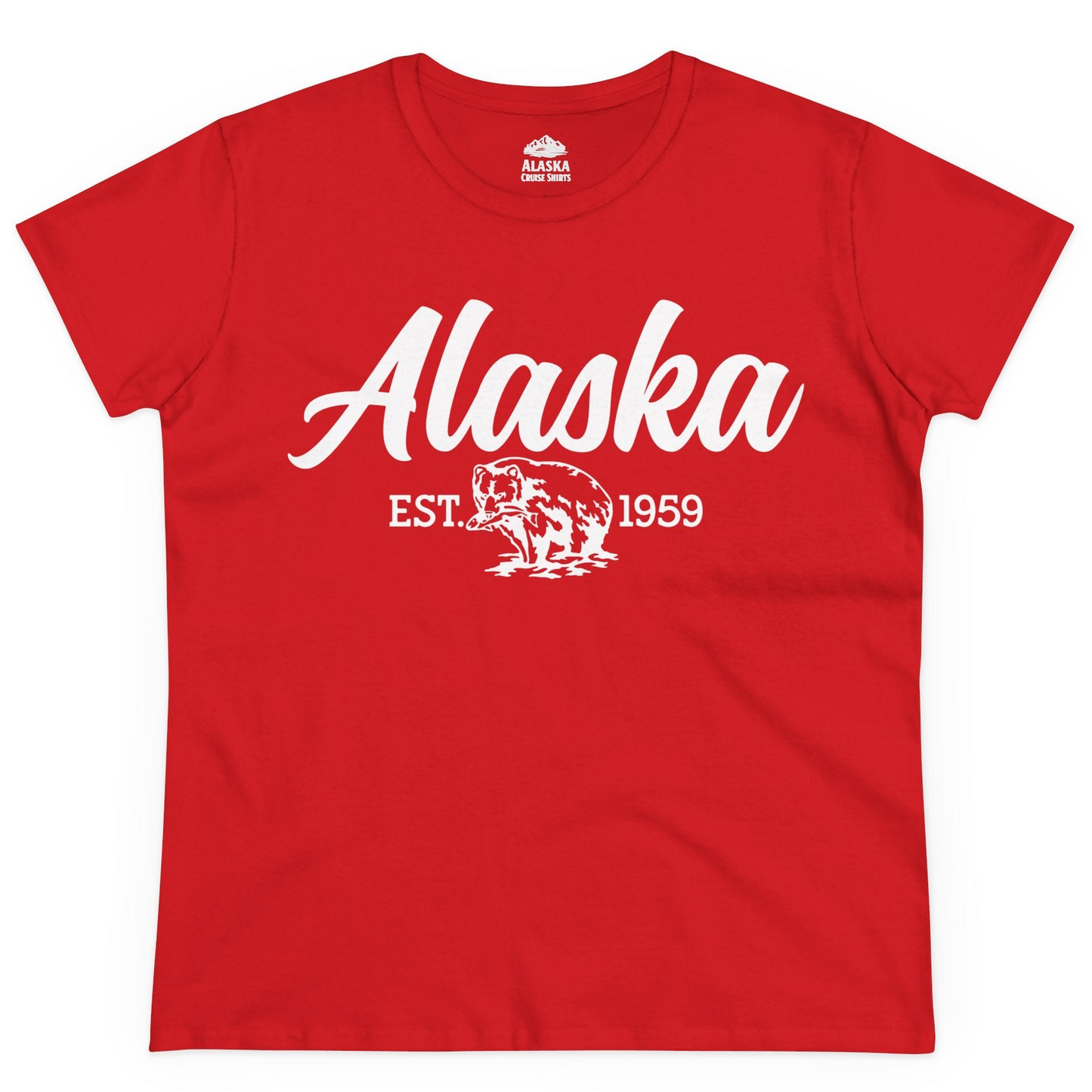 Alaska Bear Est 1959 Vintage Wildlife Graphic Monochrome Shirt — Ladies Tee Ladies T-Shirt – Red – Alaska Cruise Shirts