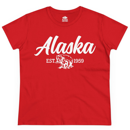Alaska Bear Est 1959 Vintage Wildlife Graphic Monochrome Shirt — Ladies Tee Ladies T-Shirt – Red – Alaska Cruise Shirts