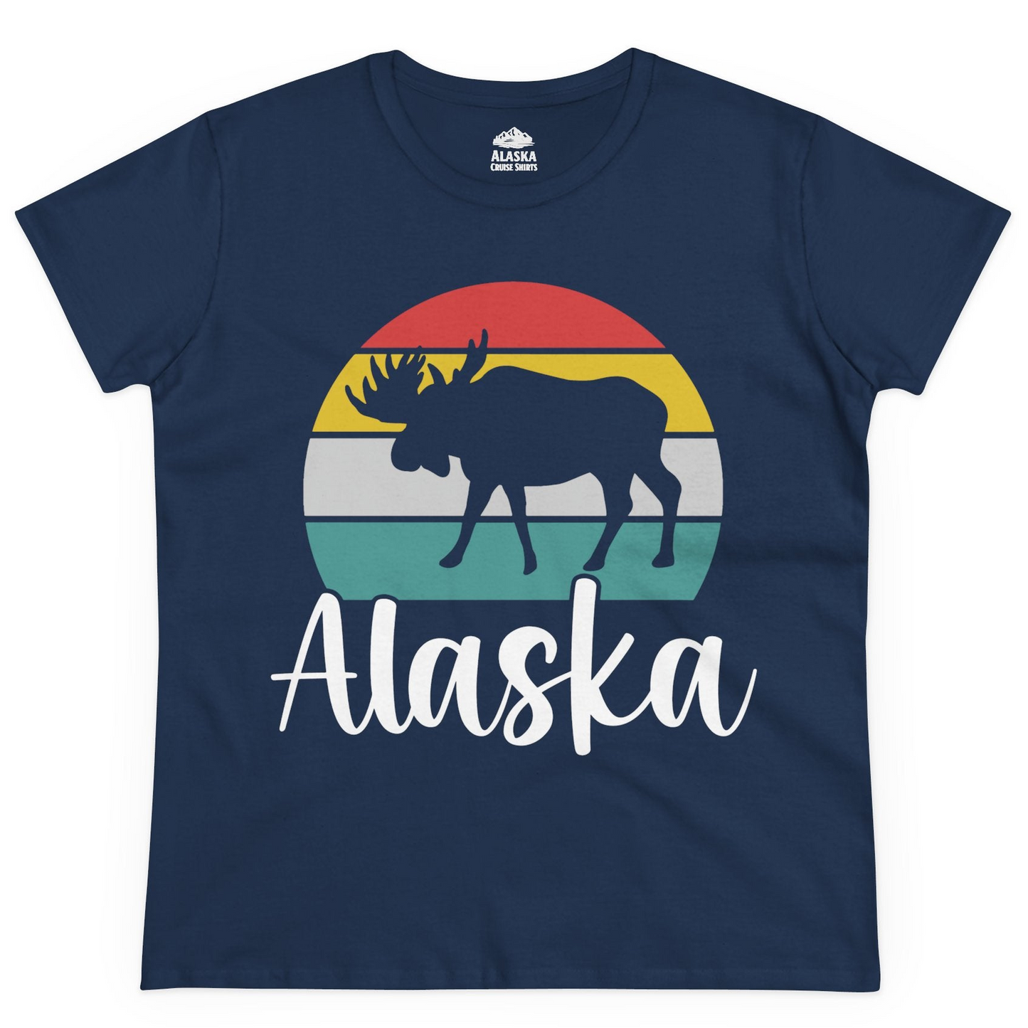 Retro Alaska Moose Silhouette Shirt Ladies T-Shirt – Navy – Alaska Cruise Shirts