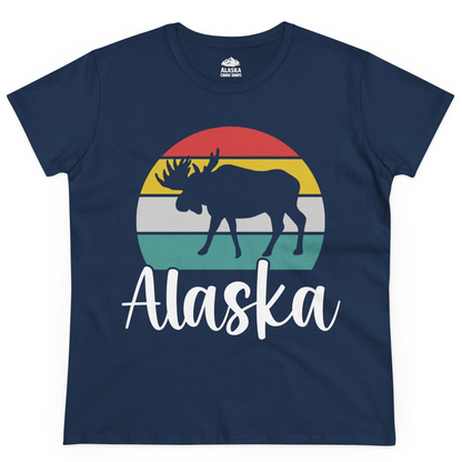 Retro Alaska Moose Silhouette Shirt Ladies T-Shirt – Navy – Alaska Cruise Shirts