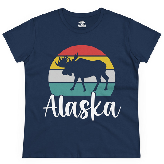 Retro Alaska Moose Silhouette Shirt Ladies T-Shirt – Navy – Alaska Cruise Shirts