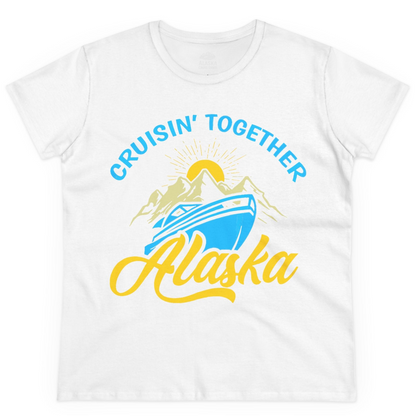 Alaska Cruise Adventure Mountains Sunrise Retro Shirt for Travelers — Ladies Tee Ladies T-Shirt – White – Alaska Cruise Shirts