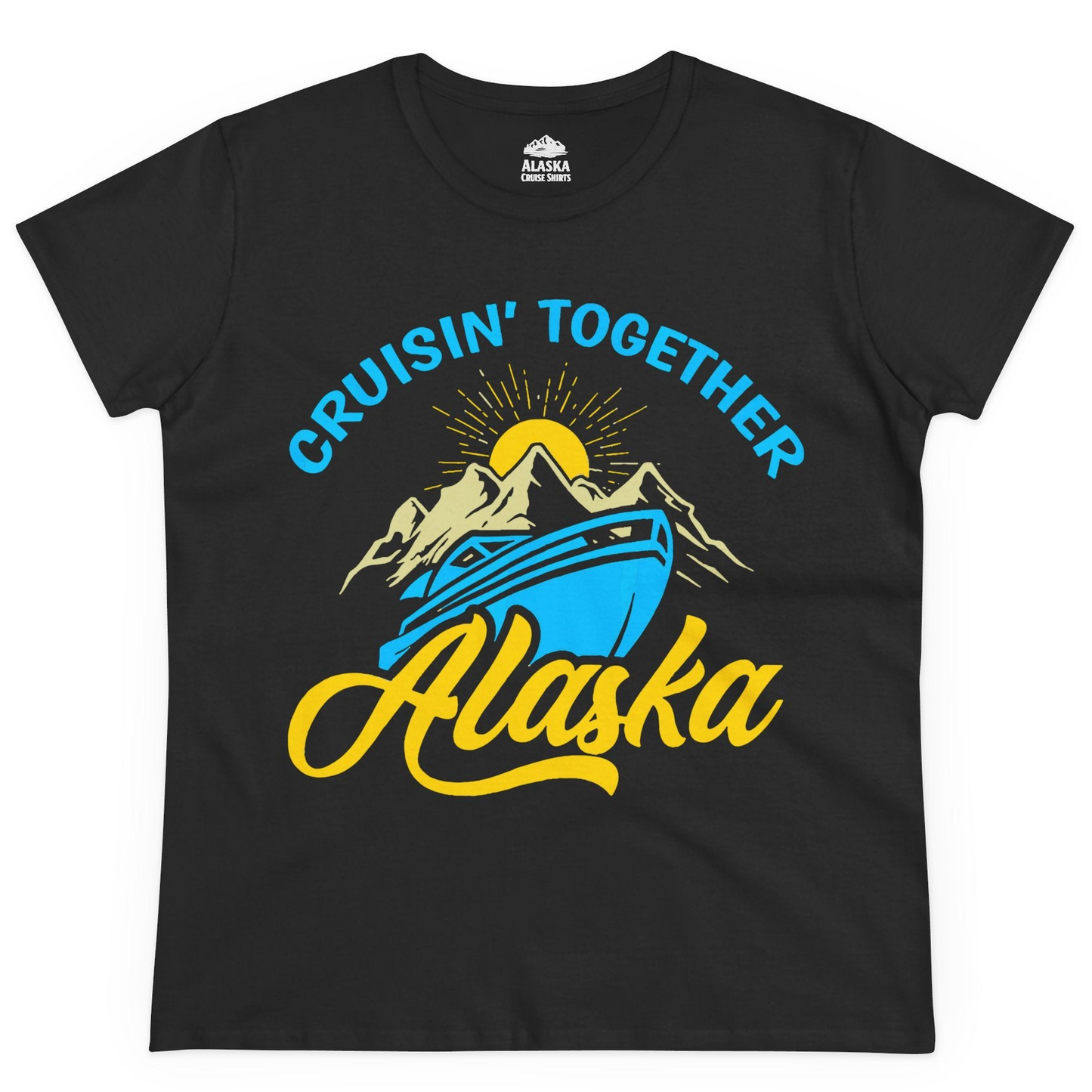 Alaska Cruise Adventure Mountains Sunrise Retro Shirt for Travelers — Ladies Tee Ladies T-Shirt – Black – Alaska Cruise Shirts