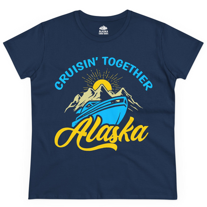 Alaska Cruise Adventure Mountains Sunrise Retro Shirt for Travelers — Ladies Tee Ladies T-Shirt – Navy – Alaska Cruise Shirts